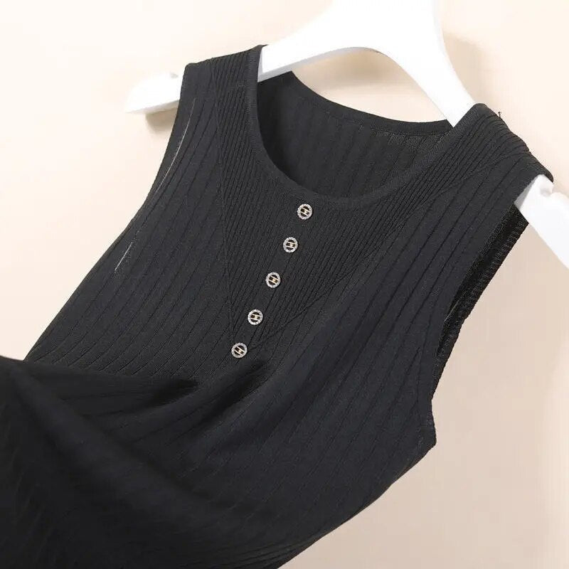 Inner Ice Silk Bottoming Tops for Women Casual Camisole for Summer Vest 2022 New O-neck Button Solid Sleeveless Knitted Tanks