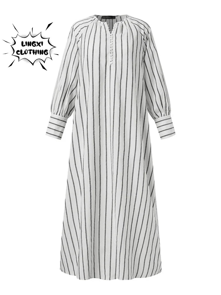 Women's 2023 Cotton Linen Stripe Round Neck Long Sleeve Simple Loose Long Pullover Dress Vintage Elegant Women's Dress Robe