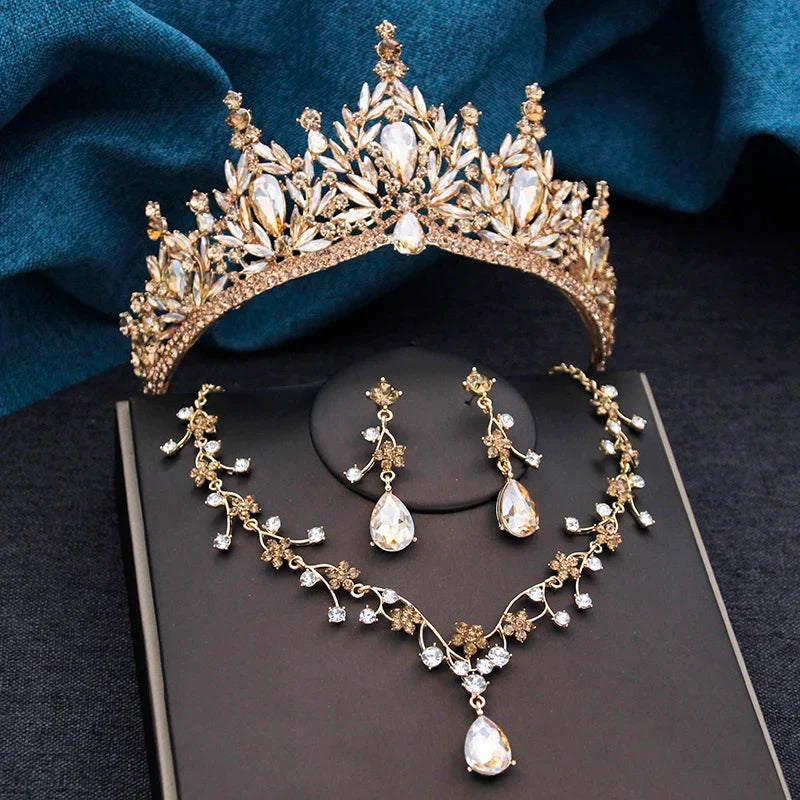 Baroque Wedding Crown for Bride 3-Pack Tiara Earrings Necklace Bridal