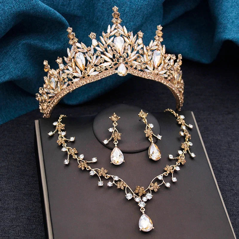 Baroque Wedding Crown for Bride 3-Pack Tiara Earrings Necklace Bridal