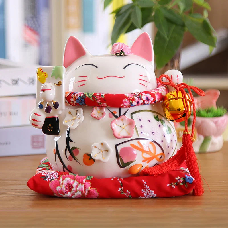 8 inch Japanese Maneki-Neko Ceramic Lucky Cat Fortune Cat Fengshui Statue Porcelain Money Box Home Decor Gift for Business