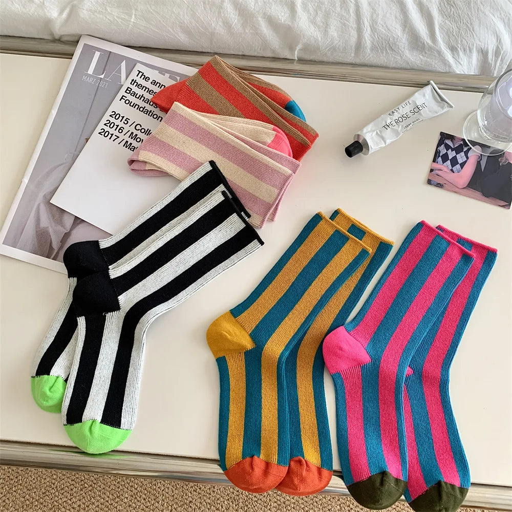 1Pairs Striped Funny Socks Korean Japanese Man Women Design Unisex Fashion Trendy Crew Stockings