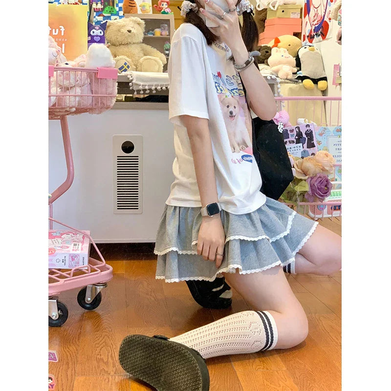 Summer Y2k Skirts Women's Clothes High Waist Lace A-line Jupe Fashion Sweet Saia Tunic Mini Skirt 2023 Faldas Mujer De Moda