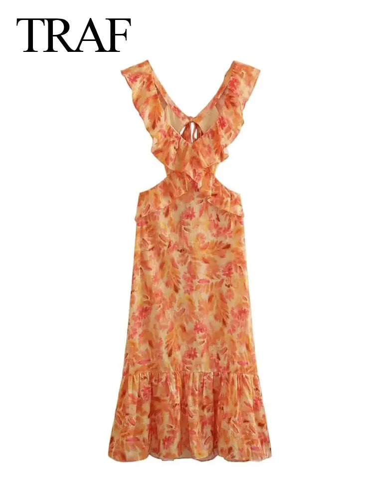 TRAF Summer Fashion Women Sexy V-neck Sleeveless Backless Orange Dress Ruffle Printed Hollow Out Women's Long Dresses For Beach