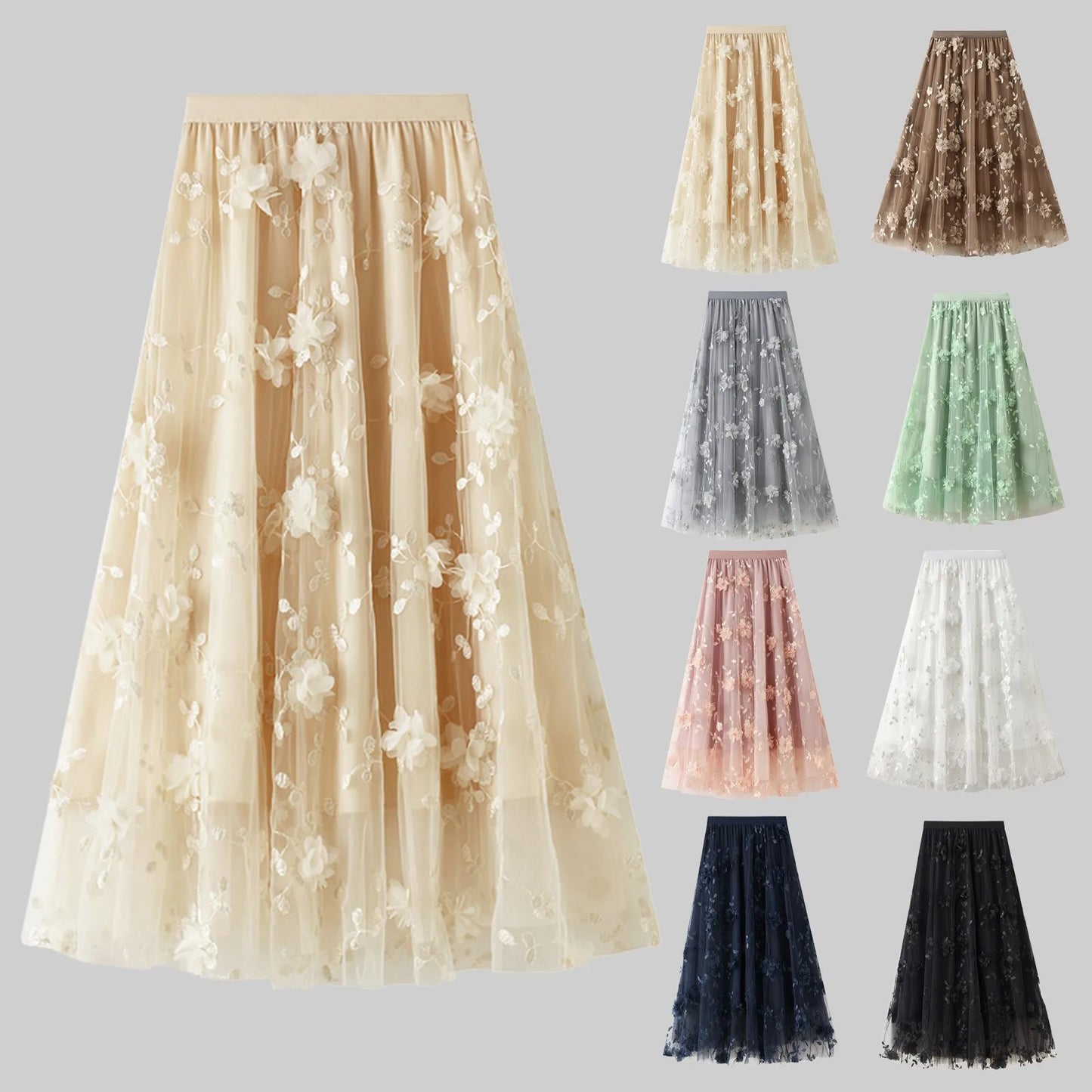 Korean Style Women's Floral Embroidered Mesh Skirt Harajuku High Waist A Line Midi Skirts Elegant Tulle Skirt Faldas Mujer