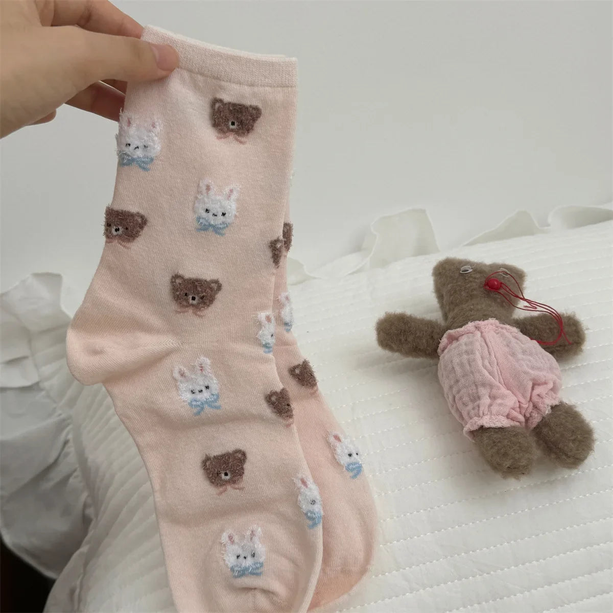 SP&CITY Cute Rabbit Bear Middle Socks for Women Trendy Casual Cartoon Cotton Socks College Style Sweet Girl Breathable Socks