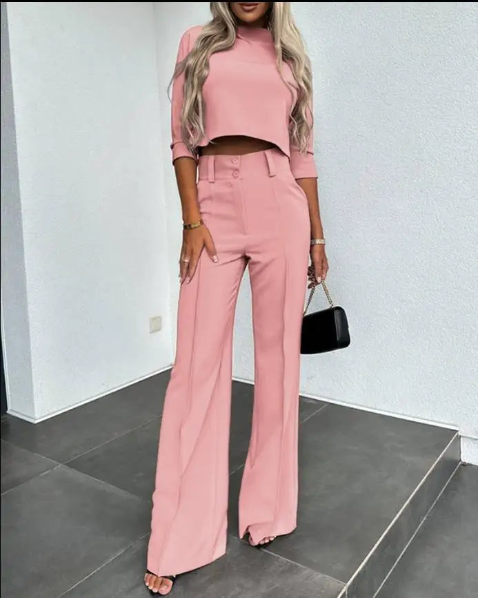 Casual Long Sleeve Shirt Pants Set Office Lady Spring Autumn Fashion Solid O-neck Tops Trousers Two Piece Set Women Outfit 2023
