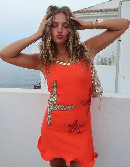 Prined Casual Women Star Mini Dress Fashion Sling Sleeveless Backless Pleat High Waist Robe 2025 New Female Beach Vacation Wear