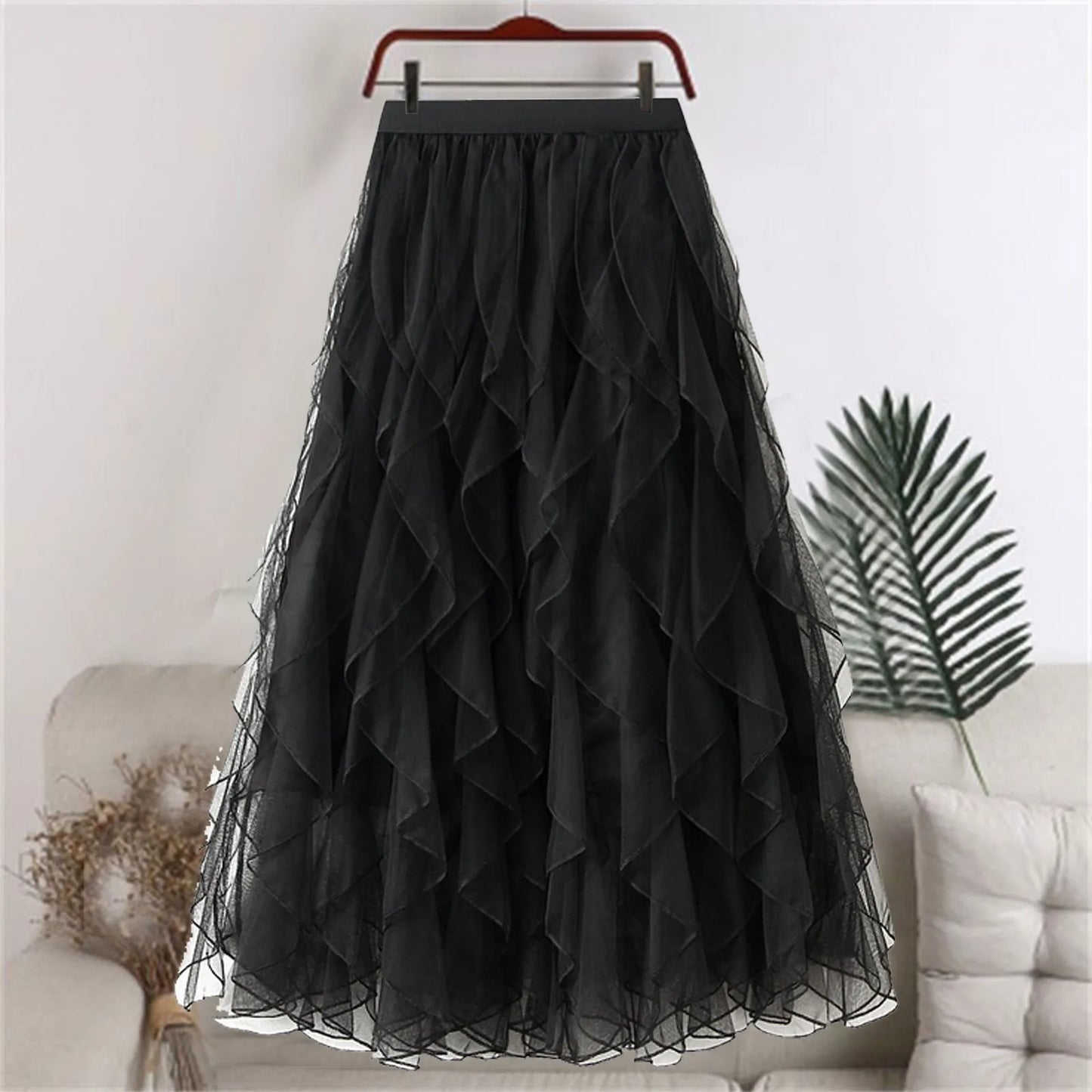 Autumn New Wave Pattern Fairy Mesh Ruffle Skirt High Waist A-Line Large Swing Long Skirt Women'S Half Body Skirt Ropa Para Mujer
