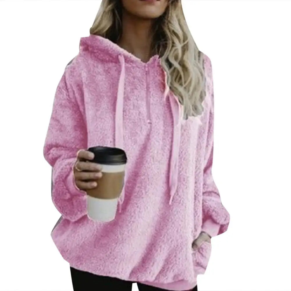 Winter Hoodies Long Sleeve Two Pockets Pullover Sweatshirt Plush Turtleneck Zipper Neck Women Fluffy Sweatshirt Outerwear