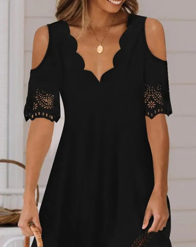 Women Summer Mini Dresses Fashion Women's Clothing Solid Elegant Hollow Out Scallop Trim Cold Shoulder Casual Dress