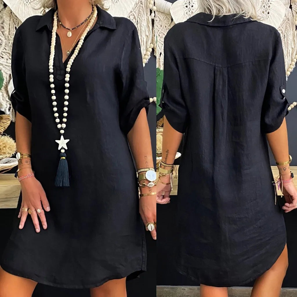 Cotton Linen Commuting Dress Vintage Casual Turn Down Collar Sundress Short Sleeve Loose Solid Mini Dresses Female Платье #CCC