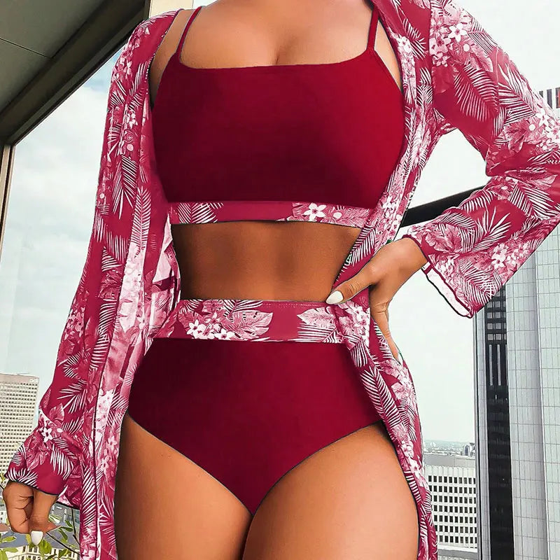 SWELTERING New Sexy High Waist Bikini 3 Piece Set Maple Leaf Printed Swimsuit Women's Bikini Set Split Swimwear Long sleeved Top