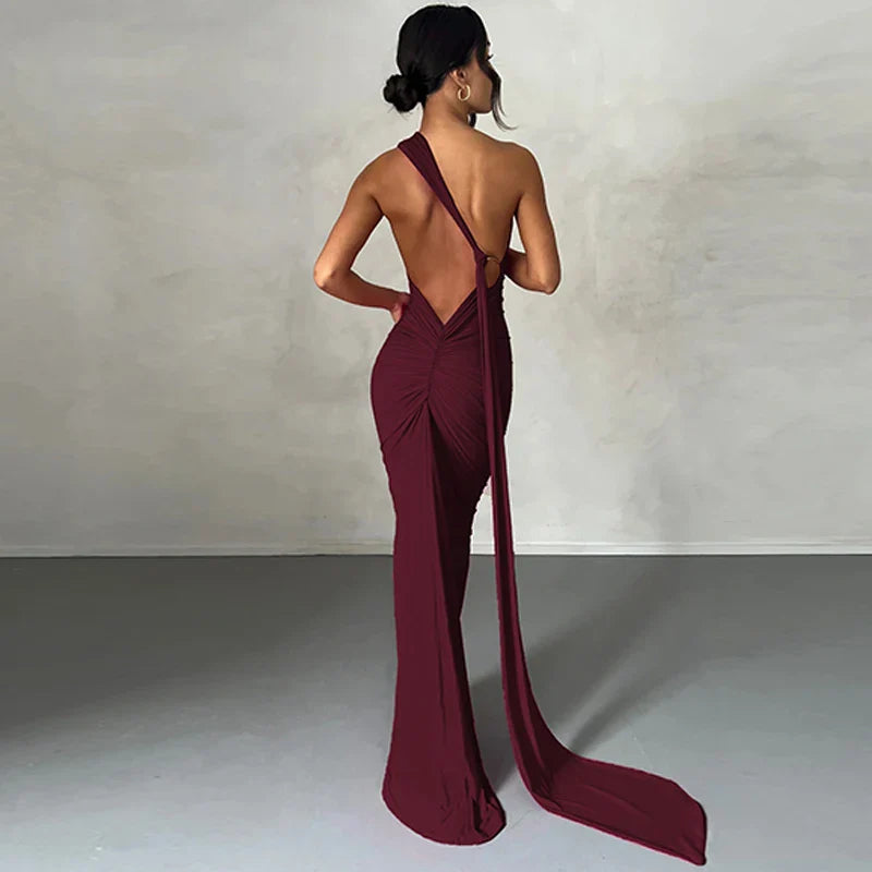 Hugcitar One Shoulder Backless Adjustable Scarf Loop Ruched Sexy Maxi Dress 2025 Women Elegant Y2K Streetwear Festival Outfit