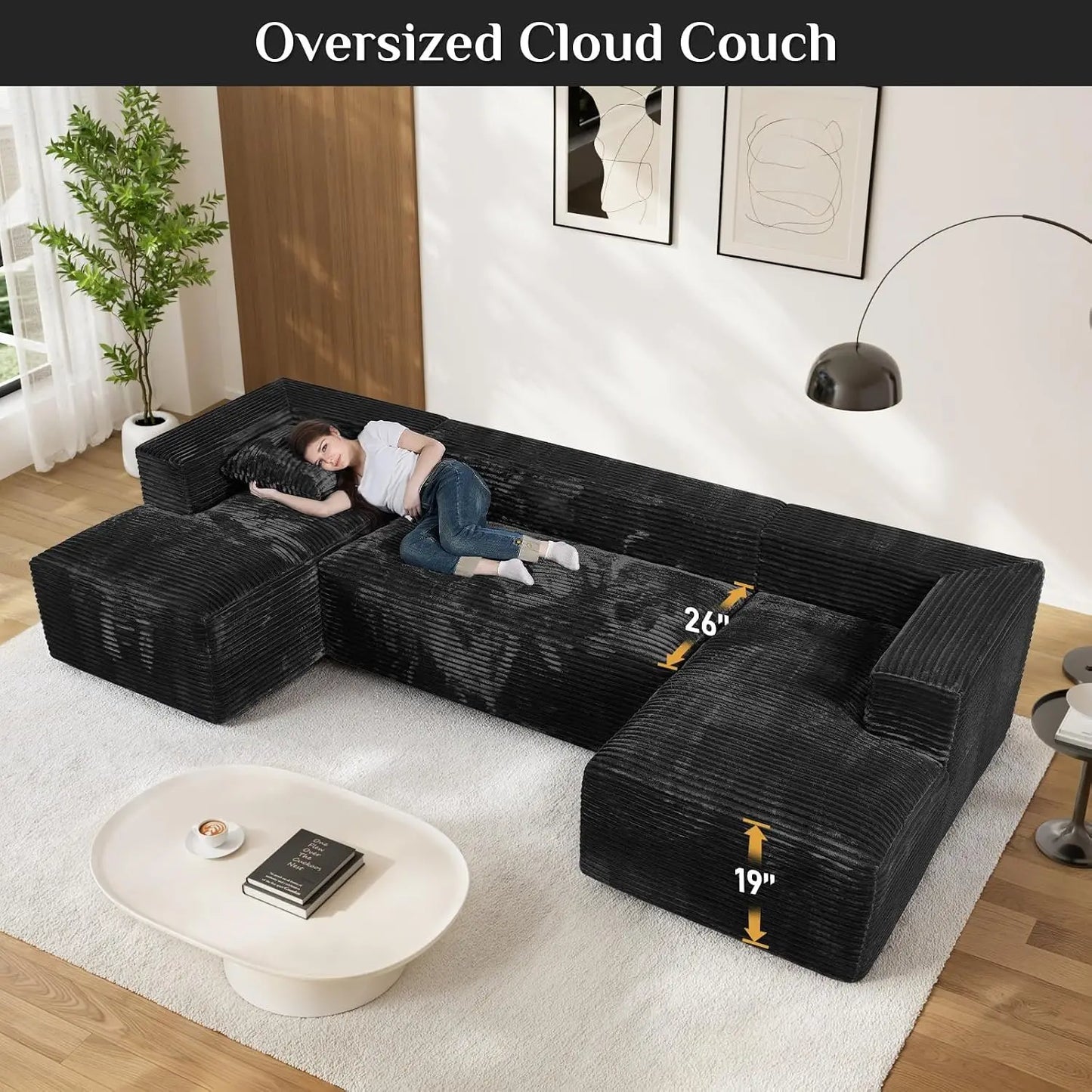 131" Oversized Cloud Boneless Couch Sofa with Chaise, Black, Custom