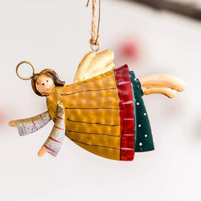 Retro Metal Xmas Tree Embellishment Welcome Door Hanging Pendants Santa Claus Cartoon Angel Doll Drop Ornaments Christmas Decor