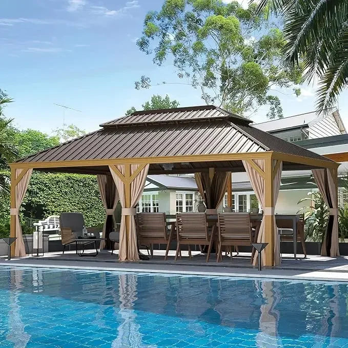 12x20 Gazebo, Hardtop Wood-Looking Gazebo with Galvanized Steel Double Roof, Patio Hardtop Gazebo with Netting and Curtains