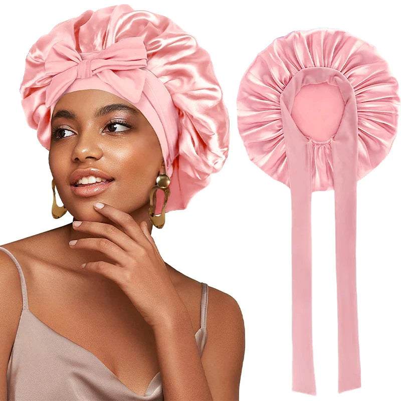 New Women Satin Bonnet Silky Sleep Cap Curly Hair Wrap For Sleeping Cap Adjustable Bonnets With Tie Band Nightcap Hair Care Cap