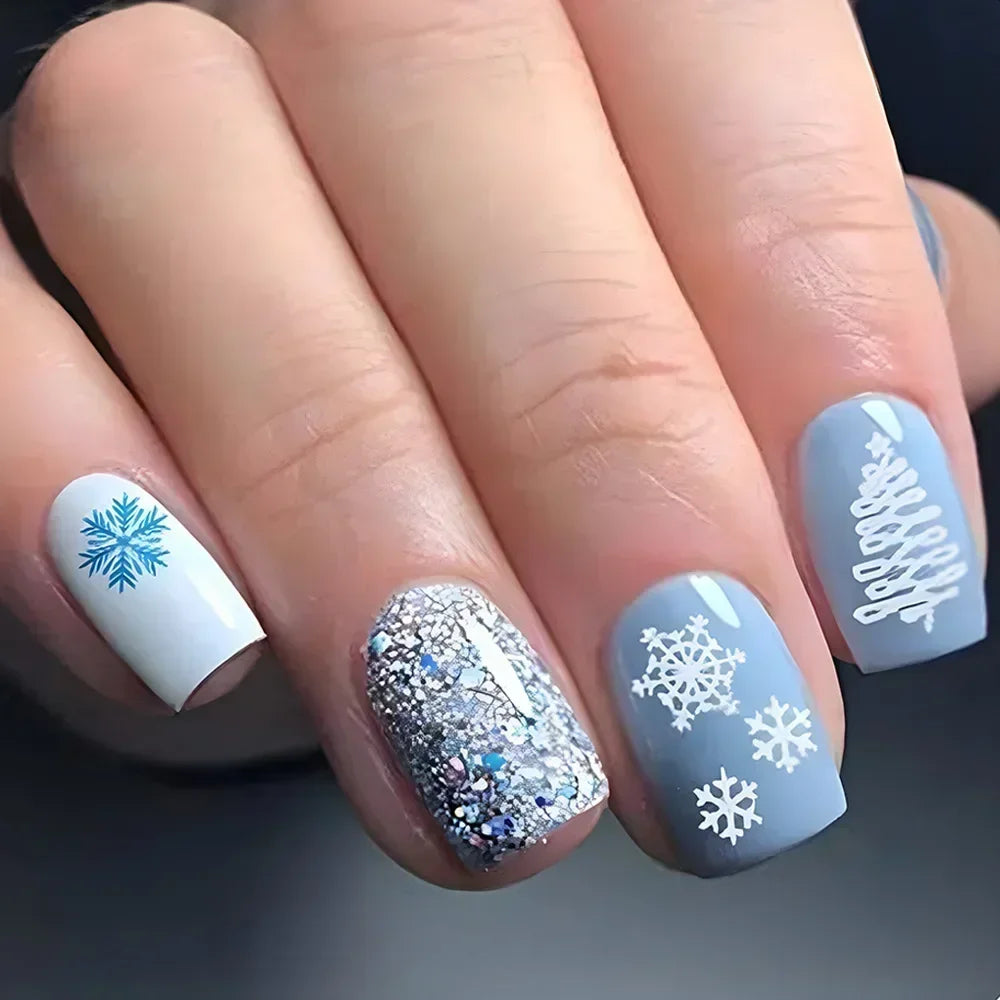 24Pcs Coffin Christmas Handmade Press on Nails Full Cover Snow Tree Design Santa Claus False Nails Wearable Manicure Nail Tips