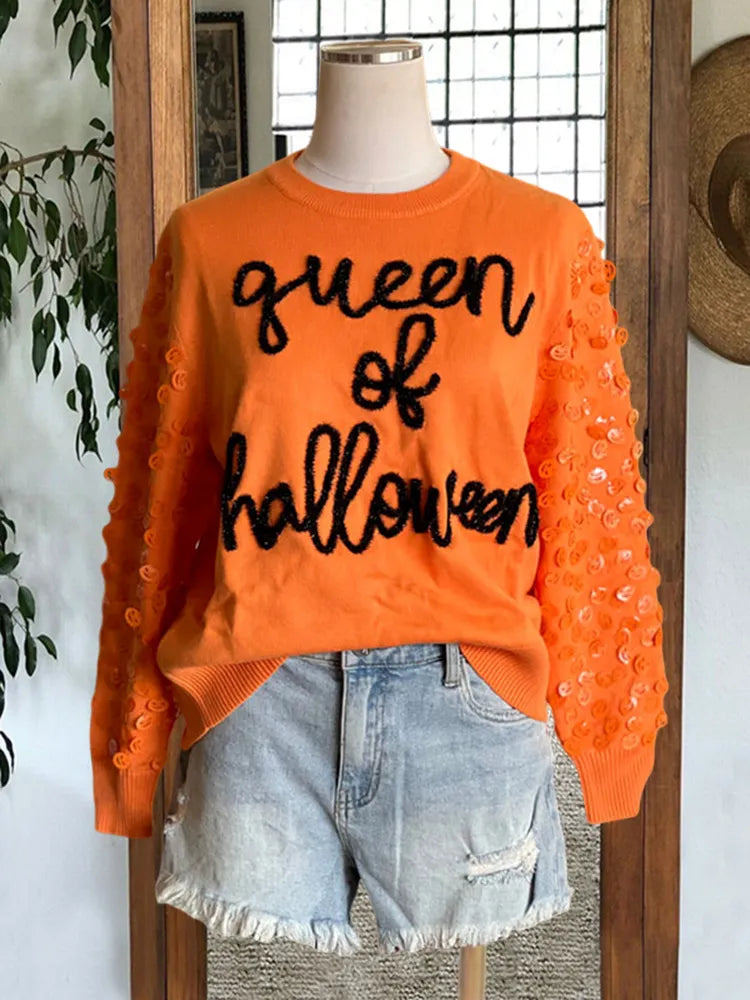 Women Letter Embroidered Sequin Sweater Halloween University Sweatshirts  Funny Party Spooky Academy Fall Pullover Sweatshirt