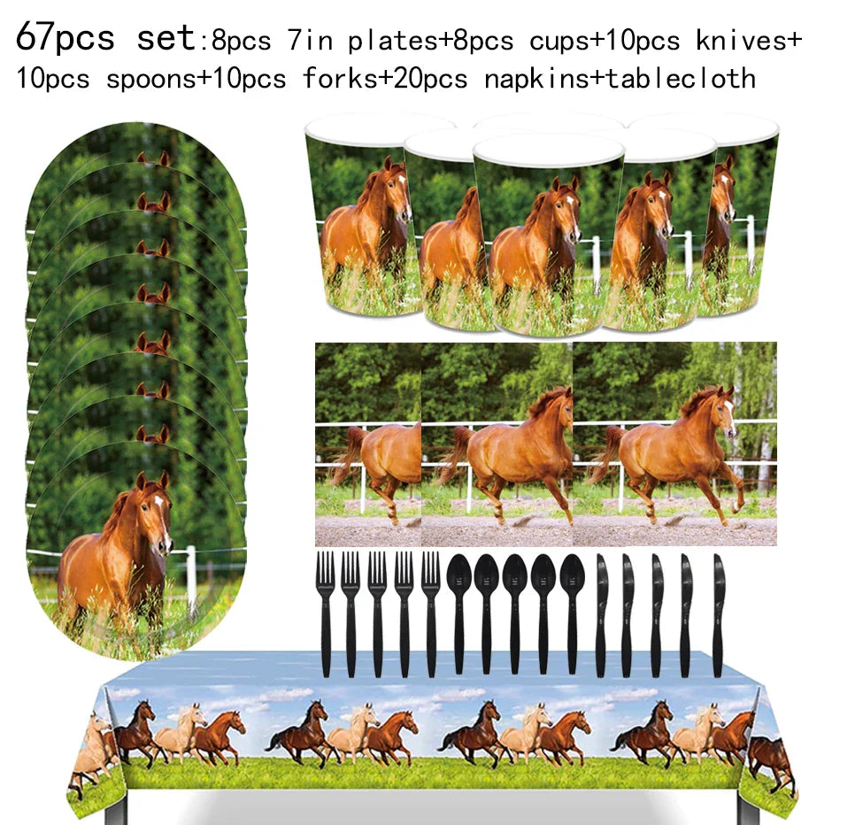 Horse Pony Disposable Tableware Set Birthday Party Supplies Plates Cups Napkins and Decorations