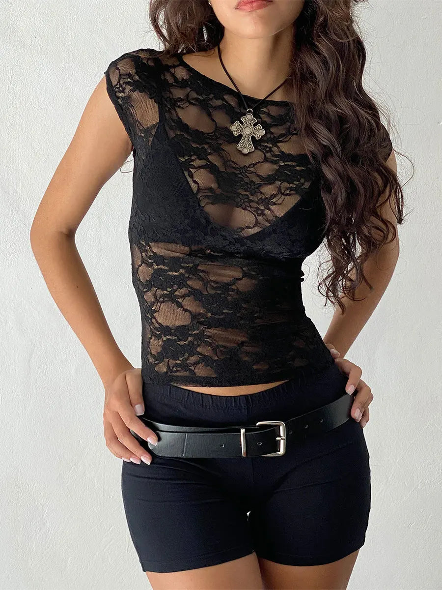 HEZIOWYUN Women's Y2K Vintage Summer Sheer Lace Floral See-through Tops Summer Cap Sleeve Scoop Neck Skinny T-Shirts