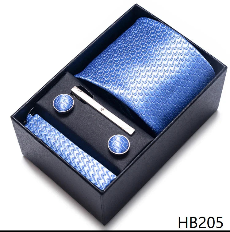 8 cm Wide Tie Sets Blue Solid Men's Neck Tie Handkerchief Cufflinks Clip Gift Silk Handmade