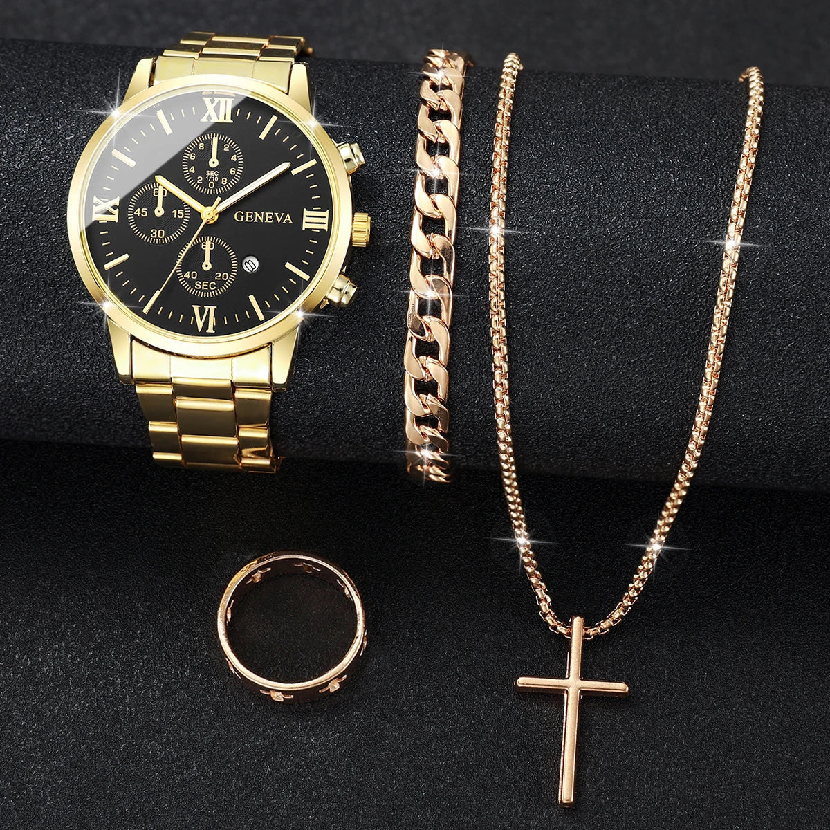 4pcs/set Men's Watch Bracelet Necklace Ring Set   (No Box)