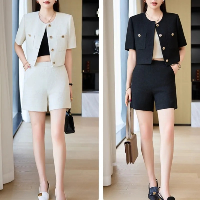 Luxury Blazer White Small Fragrance Short Sleeve Jacket Women's Summer Loose Thin Versatile Top Shorts Professional Black Suits
