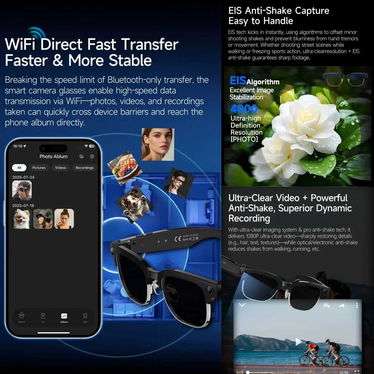 4K HD Color Changing AI Smart Glasses, 800W Pixel Camera, Bluetooth Call, Voice Assistant Control ,Smart Sports Glasses 2026 Hot.