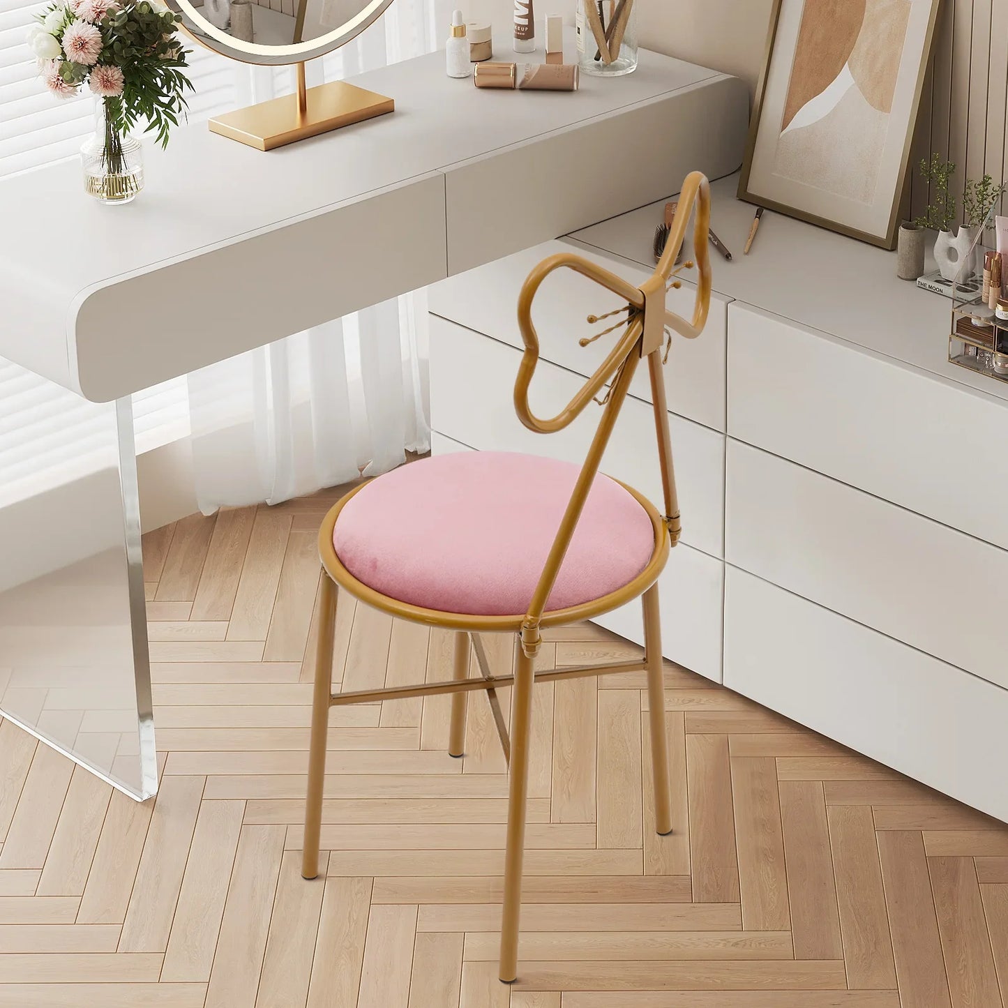 Bymaocar Deep Pink Makeup and Dressing Chair Weighing 220.46 Pounds with Bow Shaped Backrest for Restaurants,Nail Salons&Parties