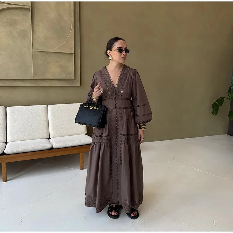 Elegant Lace Hollow Out Women's Long Dress Solid V-neck Patchwork Puff Sleeve Bodycon Dressess Female 2025 Spring New Lady Robes
