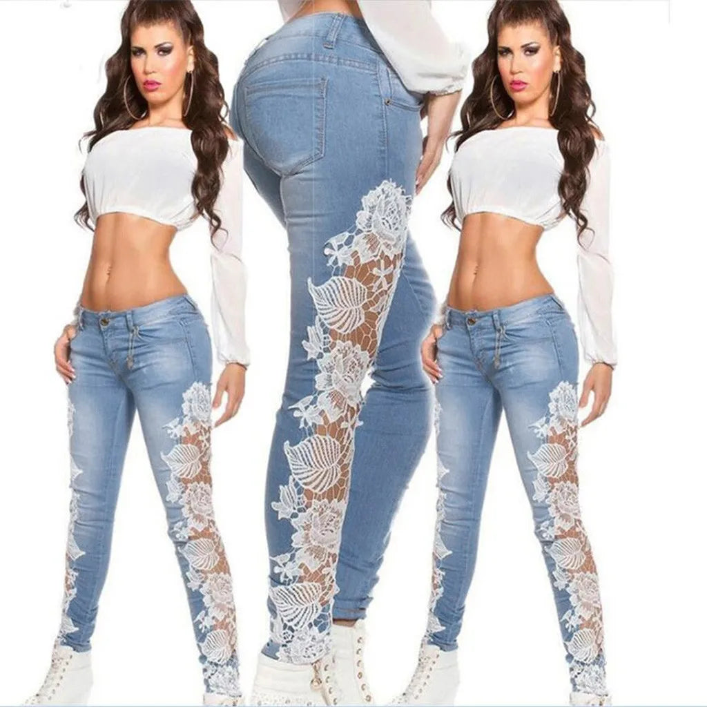 Hollow Out Floral Lace Pants Women Loose Applique Fashion Pencil Denim Jeans Women's Lifts Buttock Jeans Ladies Large Size Pants