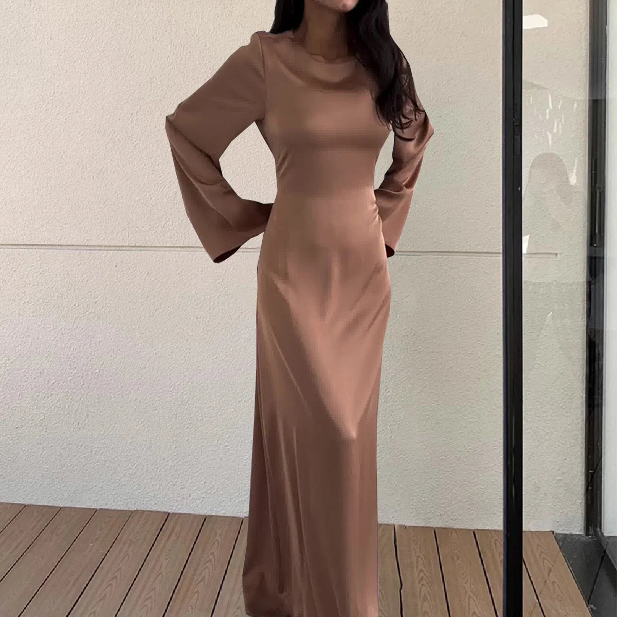 Women‘s Maxi Dress 2025 New Silk Long Round Neck Satin Flare Sleeve Lace Up Slim Skirt Evening Party Dresses Sexy Chic Robes