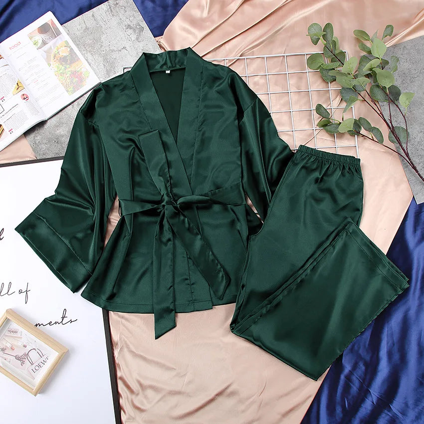 Women's 2024 Matching Sets Pajamas With Belt Satin Tow Pieces Suit Soft Loose Pyjamas Casual Solid Sleepwear Female Home Clothes
