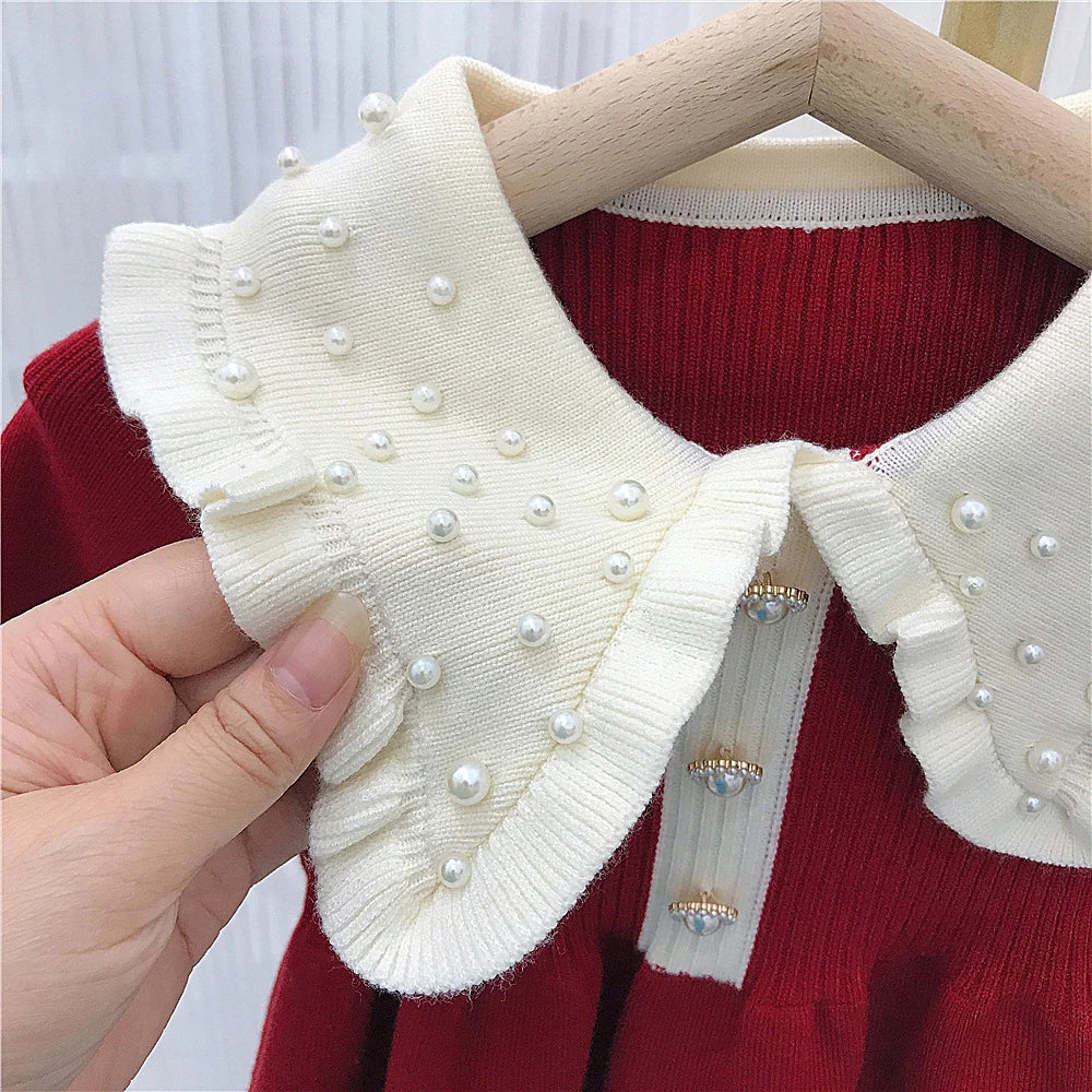 Kids Merry Christmas Pearl Beading Peter Pan Collar Long Knitted Sleeve Outfit
