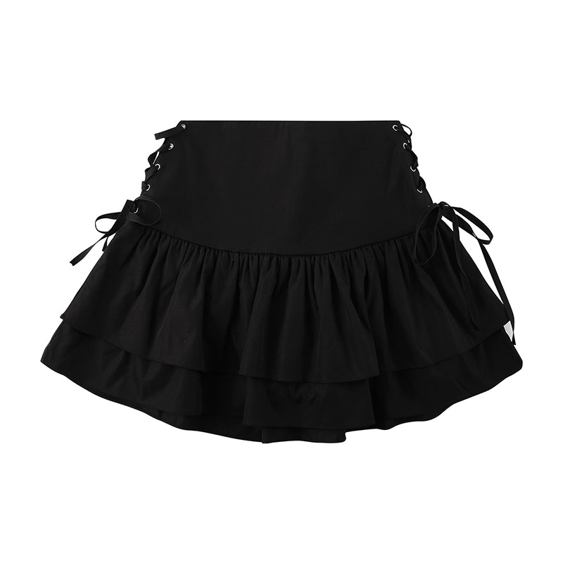 Women s Pleated High Waist Mini Skirt Solid Color Ruffle A-Line Skirt with Criss Cross Tie Up Detail