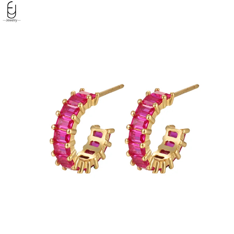 925 Sterling Silver Needle Rose Red Crystal Stud Earrings For Women Water Drop/Heart Pendant Gold Earrings Fashion Jewelry Gifts