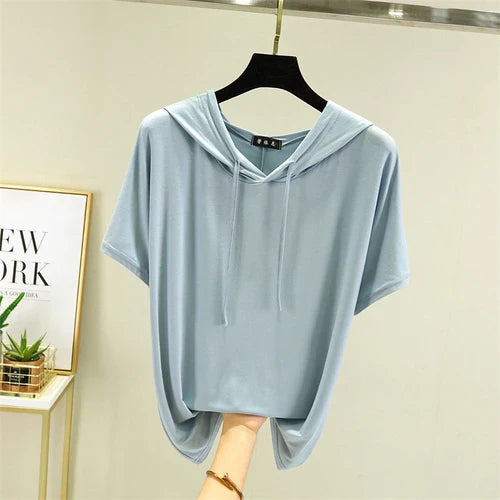 Thin T-shirts Women Hooded Fashion Loose Casual All-match Korean Style Solid Simple Y2k Aesthetic Футболка Женский Cozy Chic New