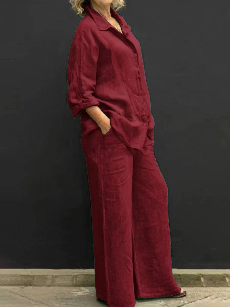 Two Piece Sets Women Outfits,  Fall Simple Long Sleeve Shirt Loose Trousers Set Office Casual.