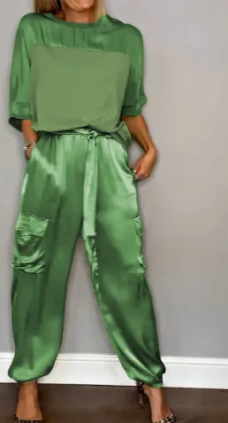 Elegant Satin Two Piece Set Women Outfits Spring Summer Casual Solid O Neck Shirt Long Pants Tracksuit Fashion Female Loose Suit