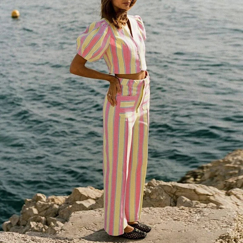 Sexy V-neck Short Sleeve Top & Pant Outfits Women's Fashion Stripes Print 2Pc Suit Elegant Button Hight Waist Commute Loose Sets