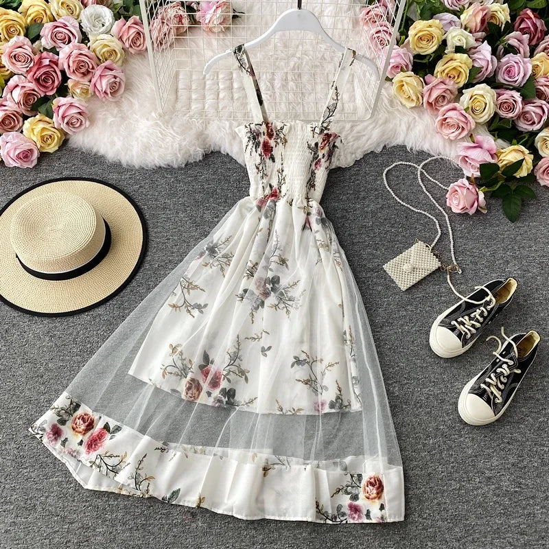 litmage Summer Women's Dress French Retro Square Neck Print Suspender Dress New Waist Lace Feamle Short Dresses HH293