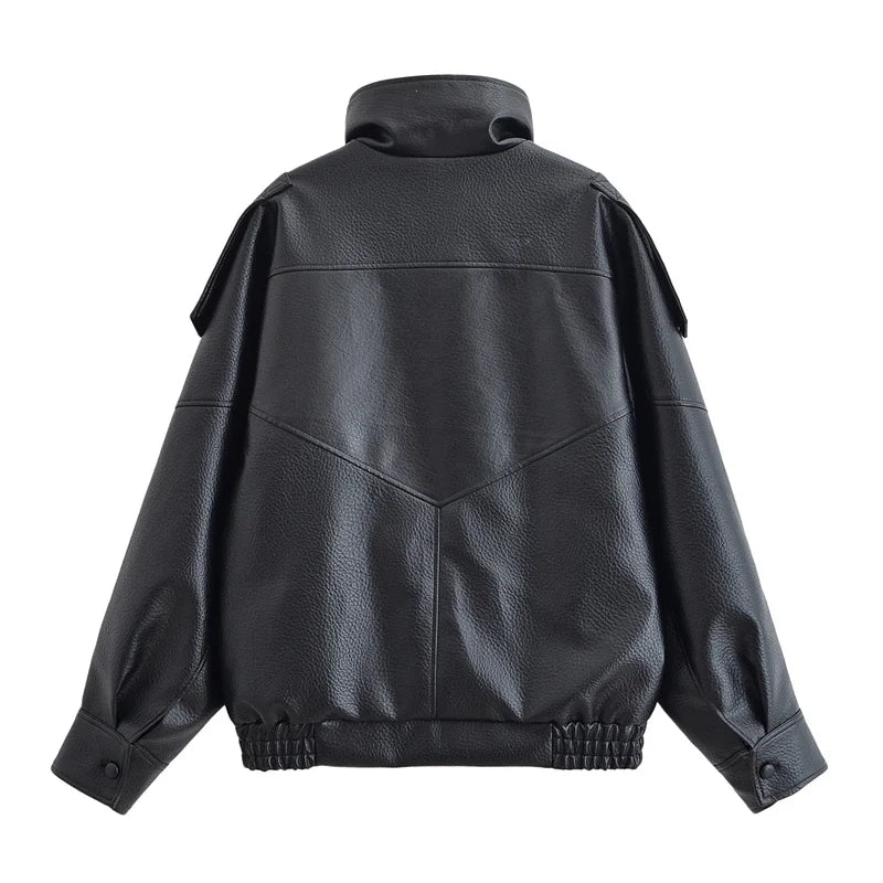 Women Fall 2025 New Black Long Sleeve Pebble Faux Leather Jacket.