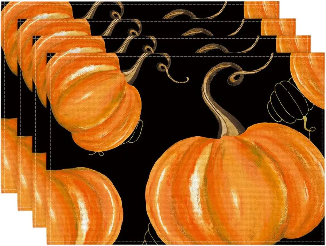 4PCS Thanksgiving Day Table Placemats 30*45cm Linen Autumn Pumpkin Maple Leaf Printed Dining Table Mat Festive Table Decoration