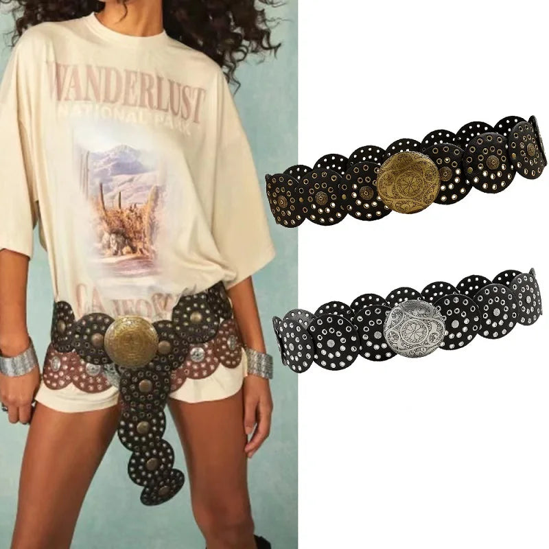 Women's Western Denim Belt High Quality Metal Hollow Ladies Trend Wide Waistband Vintage Personalized Round Belts DT148