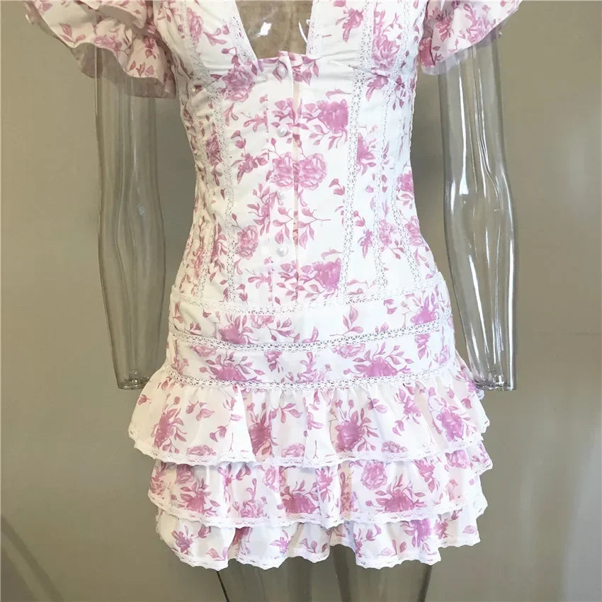 New Sweet Floral Print V-neck Ruffle Light Blue Women Mini Dress