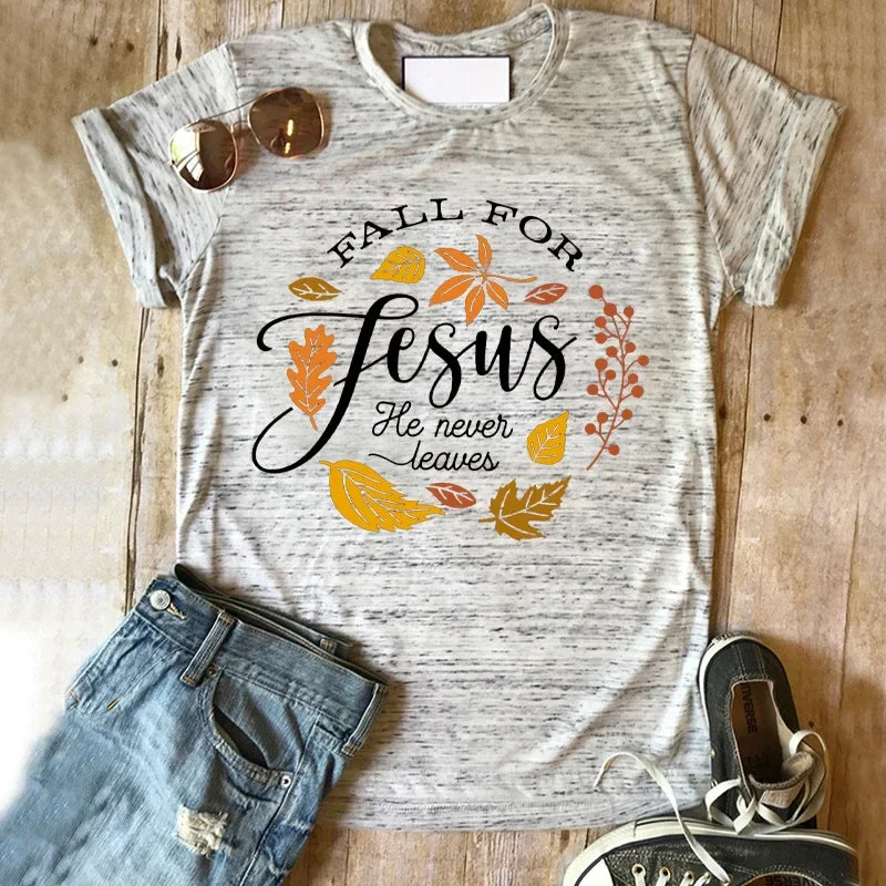 Fall for Jesus He Never Leaves Shirt Fall Clothing Women Thanksgiving Family Matching Shirt Jesus Tops Thanksgiving Dinner L