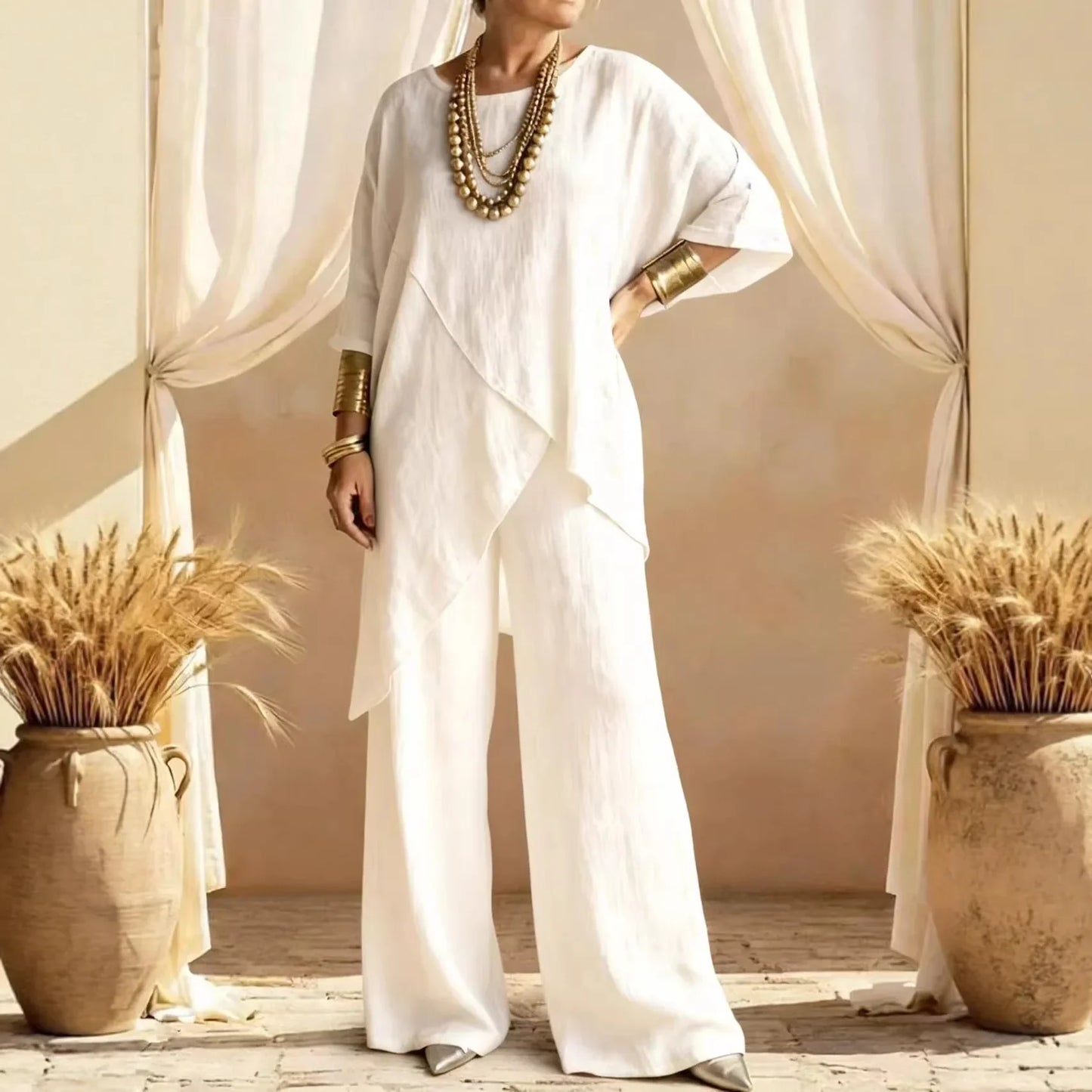 2026 Fashion Loose Women's Matching Sets Casual Half Sleeve Loose Tops And Wide Leg Pants 2 Piece Outfits Woman
