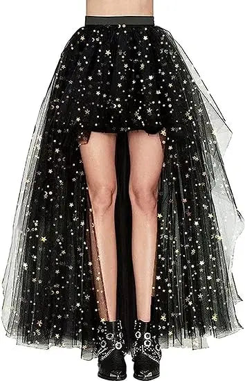 MisShow Gothic Women Hi-Lo Long Tulle Tutu Punk Skirt Elastic Waist High Low Mesh Net Halloween Cosplay Costume Maxi Skirts